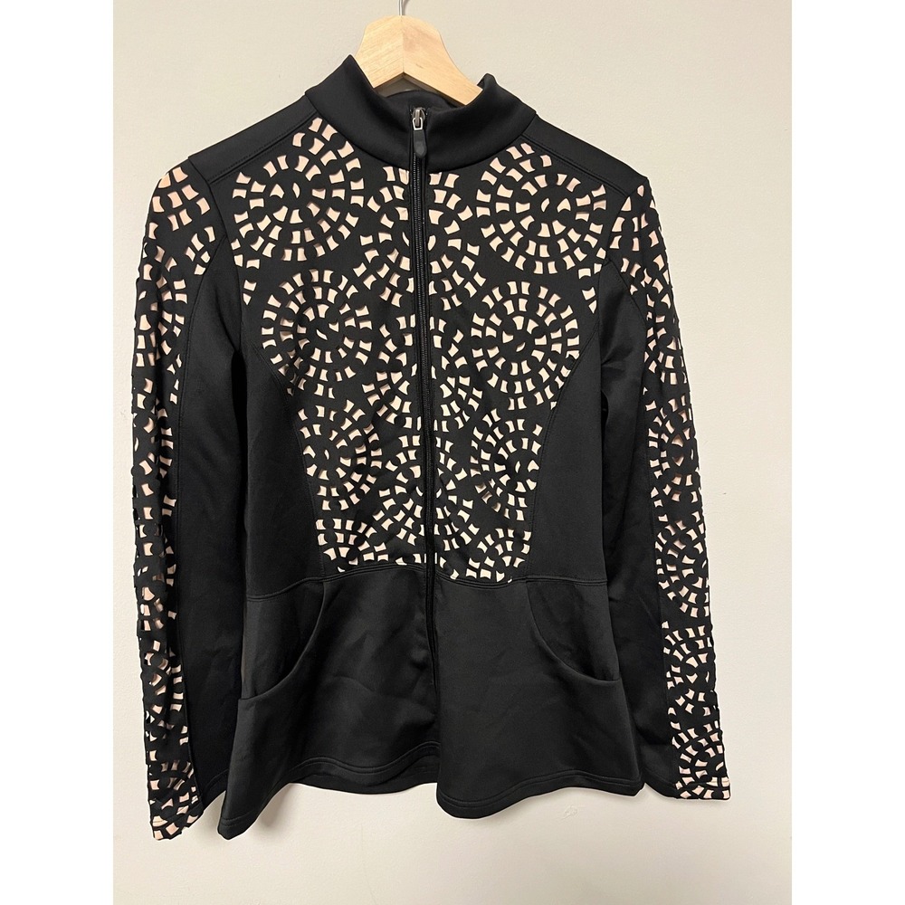 Boston Proper Zip Jacket Womens S Black Pre-owned Laser Cut Geometric Mock Neck